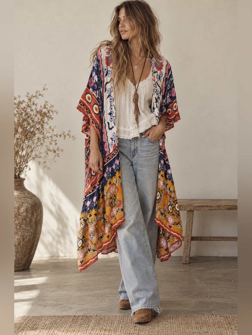 Lovestitch Floral Boho Kimono One Size Colourful Geometric Top EUC